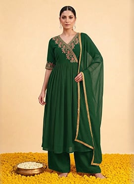 Green Georgette Zari Resham Embroidered Angarkha Palazzo Suit