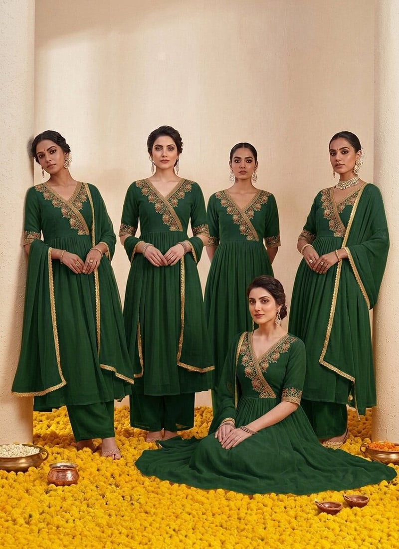 Green Georgette Zari Resham Embroidered Angarkha Palazzo Suit Festive Wear