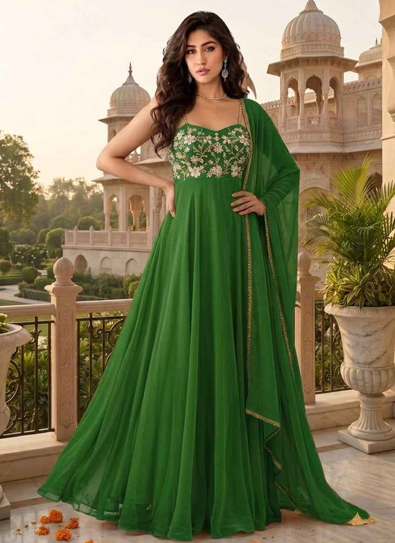 Green Georgette Zari Resham Sequins Embroidered Anarkali Suit Festive Wear