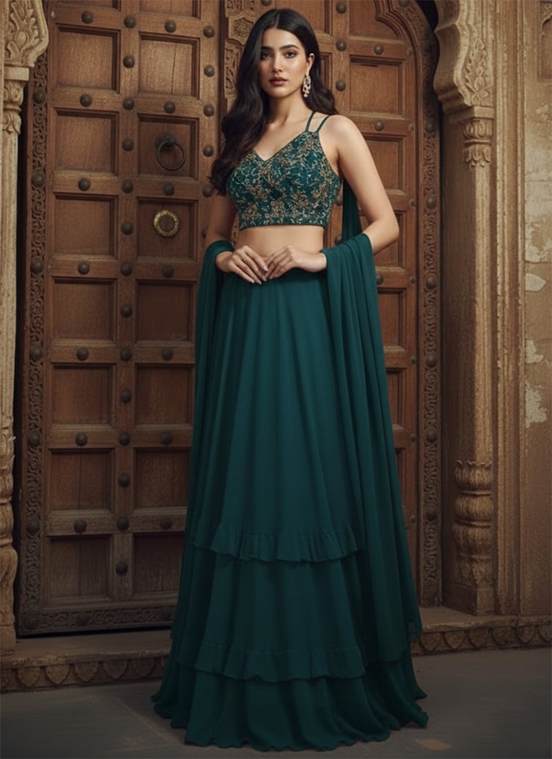 Green Georgette Zari Sequin Hand Embroidered Lehenga  Wedding Wear