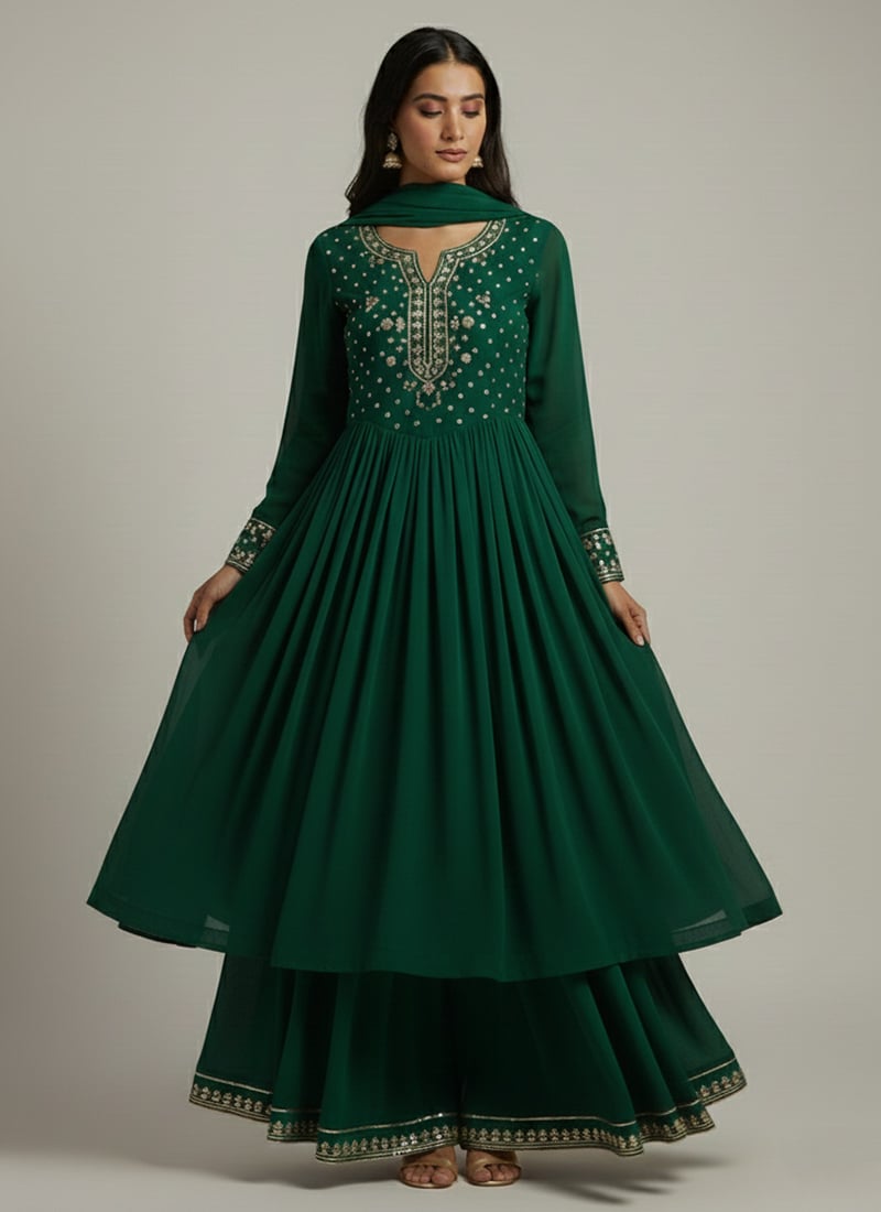 Green Georgette Zari Sequins Anarkali Suit Festive Wear