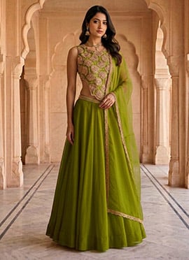 Green Georgette Zari Sequins Cut Dana Lehenga