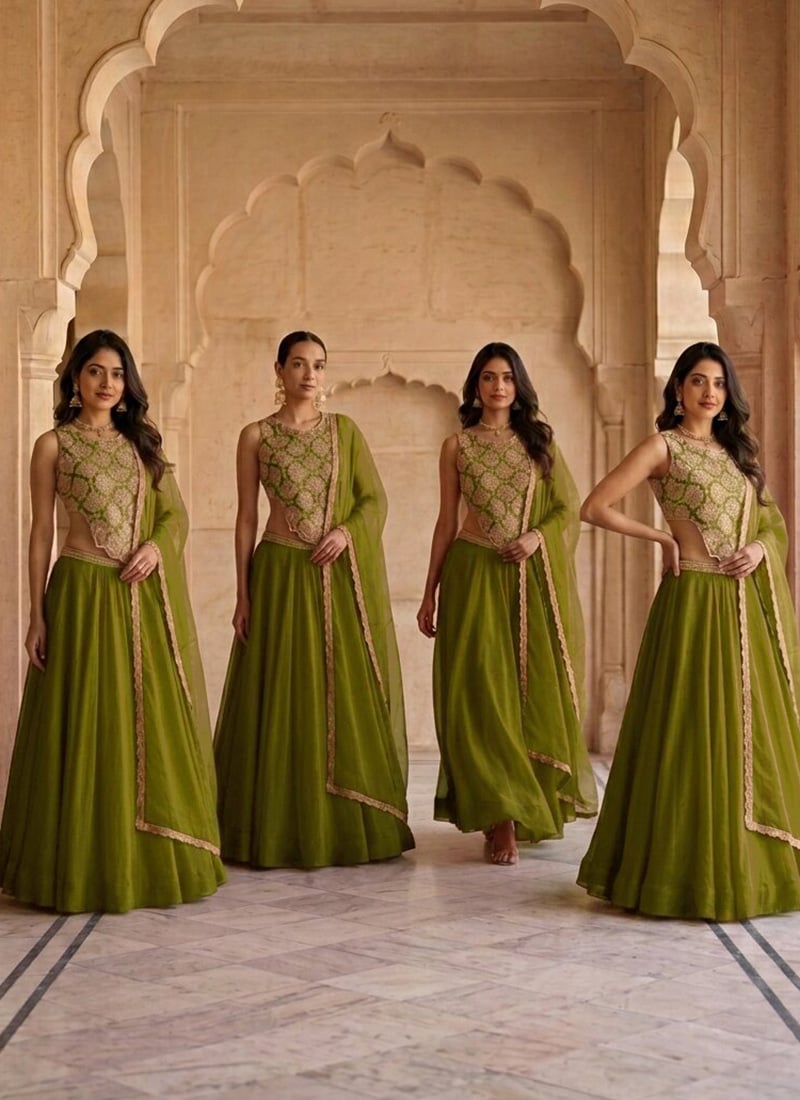 Green Georgette Zari Sequins Cut Dana Lehenga Wedding Wear