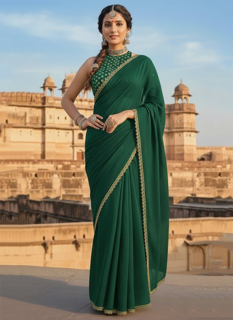 Green Georgette Zari Sequins Embellished Saree Wedding Wear