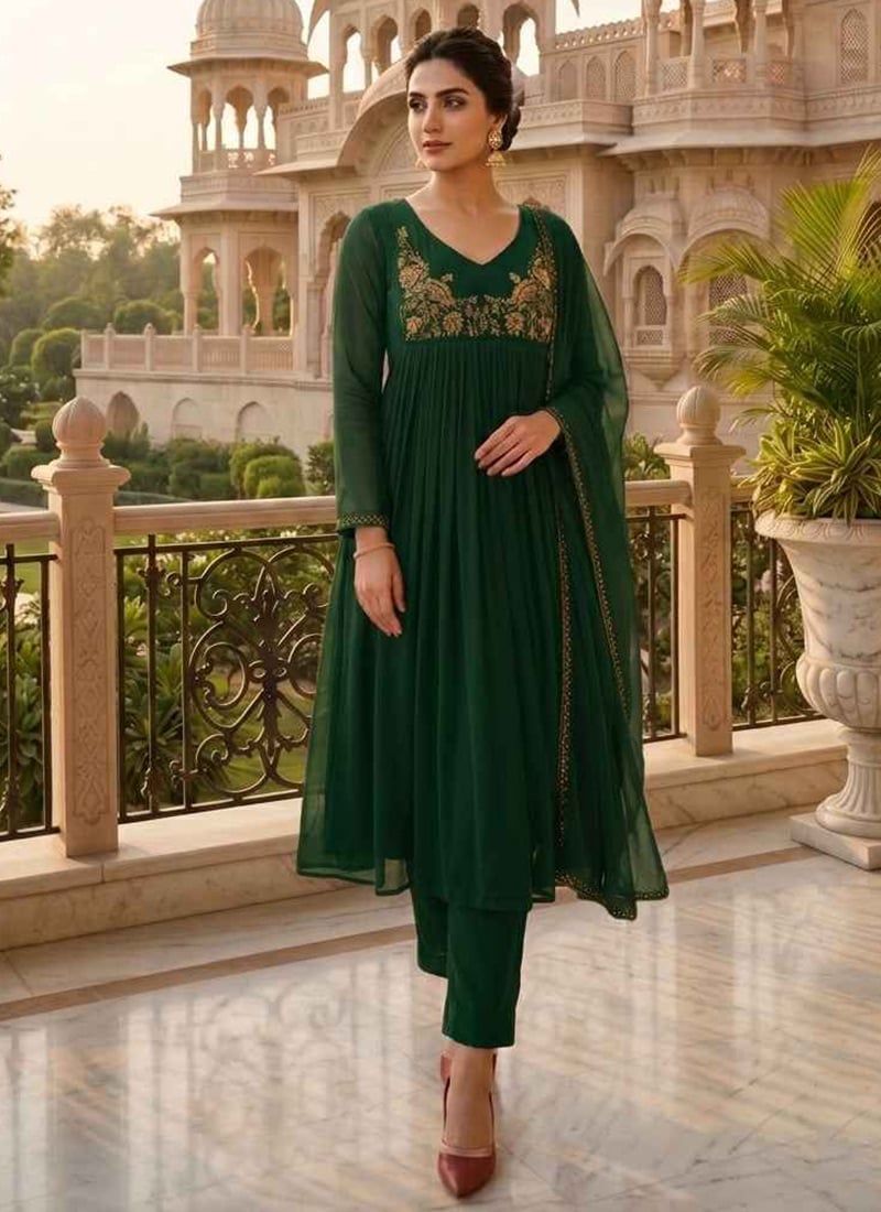 Green Georgette Zari Sequins Embroidered Anarkali Suit Festive Wear