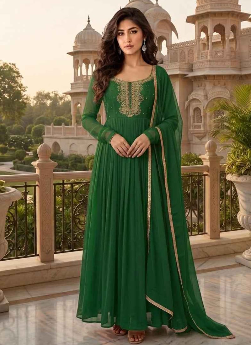 Green Georgette Zari Sequins Embroidered Classic Anarkali Suit Festive Wear