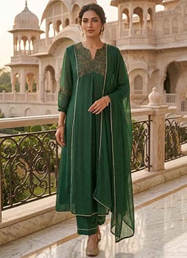 Green Georgette Zari Sequins Embroidered Classy Anarkali Suit