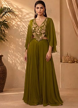 Green Georgette Zari Sequins Embroidered Indo Western Palazzo Set
