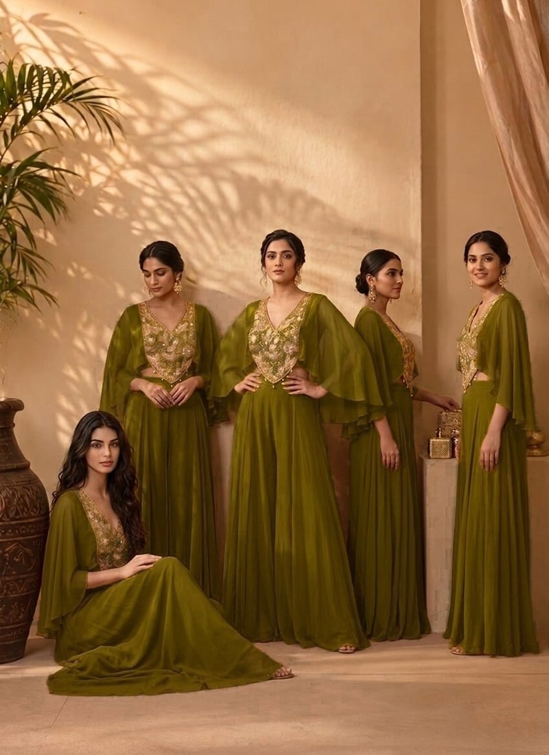 Green Georgette Zari Sequins Embroidered Indo Western Palazzo Set Wedding Wear