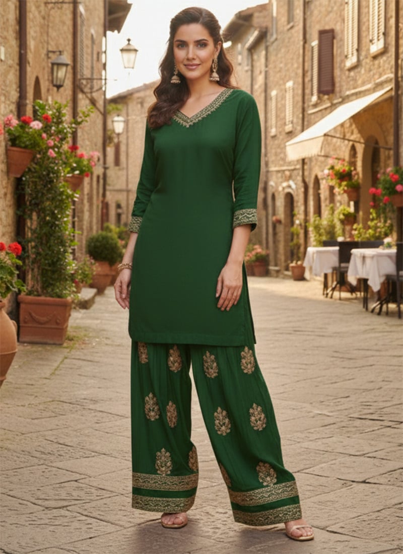 Green Georgette Zari Sequins Farshi Style Salwar Suit Festive Wear