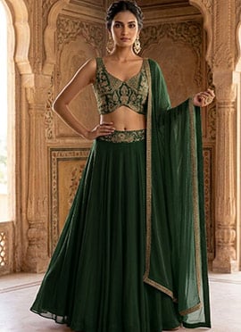 Green Georgette Zari Sequins Hand Embroidered Cut Dana Lehenga