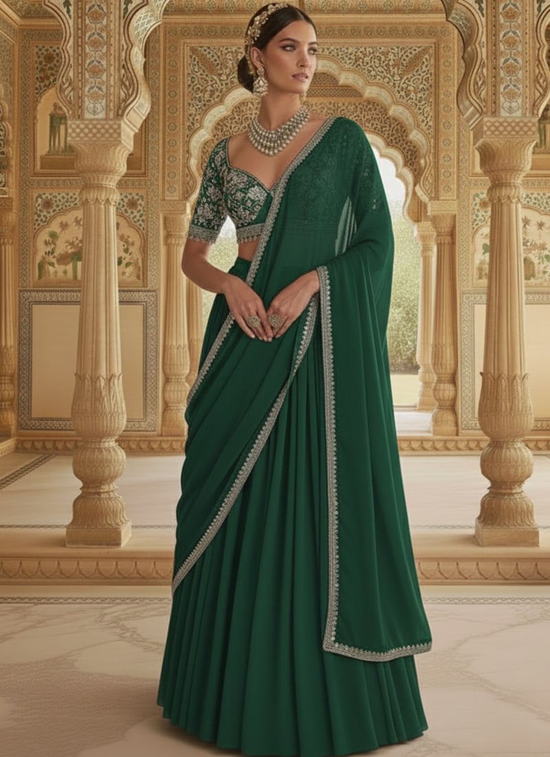 Green Georgette Zari Sequins Hand Embroidered Lehenga  Wedding Wear