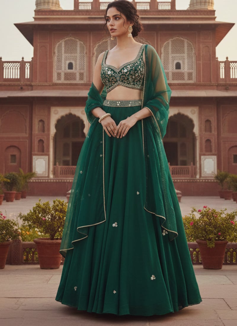 Green Georgette Zari Sequins Hand Embroidered Lehenga Wedding Wear
