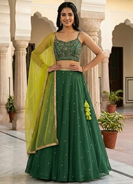Green Georgette Zari Sequins Hand Embroidered Lehenga