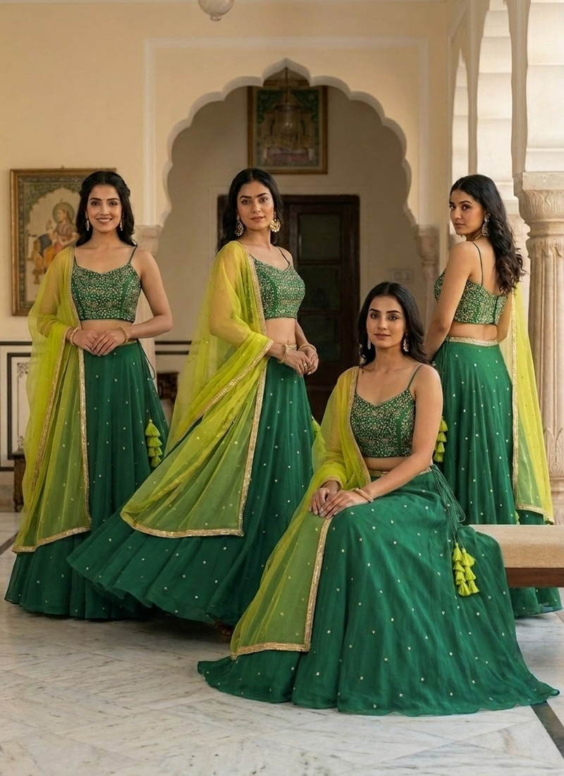 Green Georgette Zari Sequins Hand Embroidered Lehenga Wedding Wear