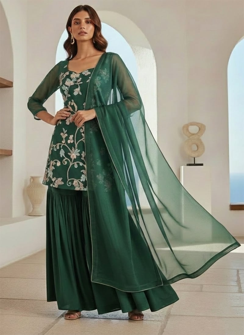 Green Georgette Zari Sequins Hand Embroidered Sharara Suit Festive Wear