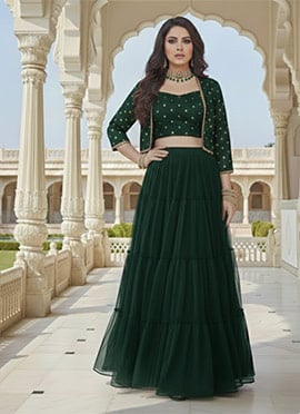Green Georgette Zari Sequins Indowestern Skirt Set With Jacket