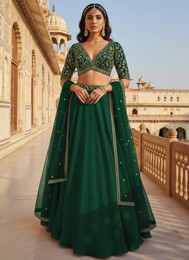 Green Georgette Zari Sequins Lehenga Wedding Wear