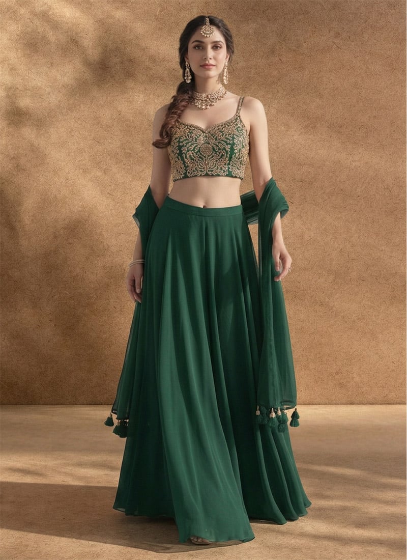 Green Georgette Zari Sequins Lehenga Wedding Wear