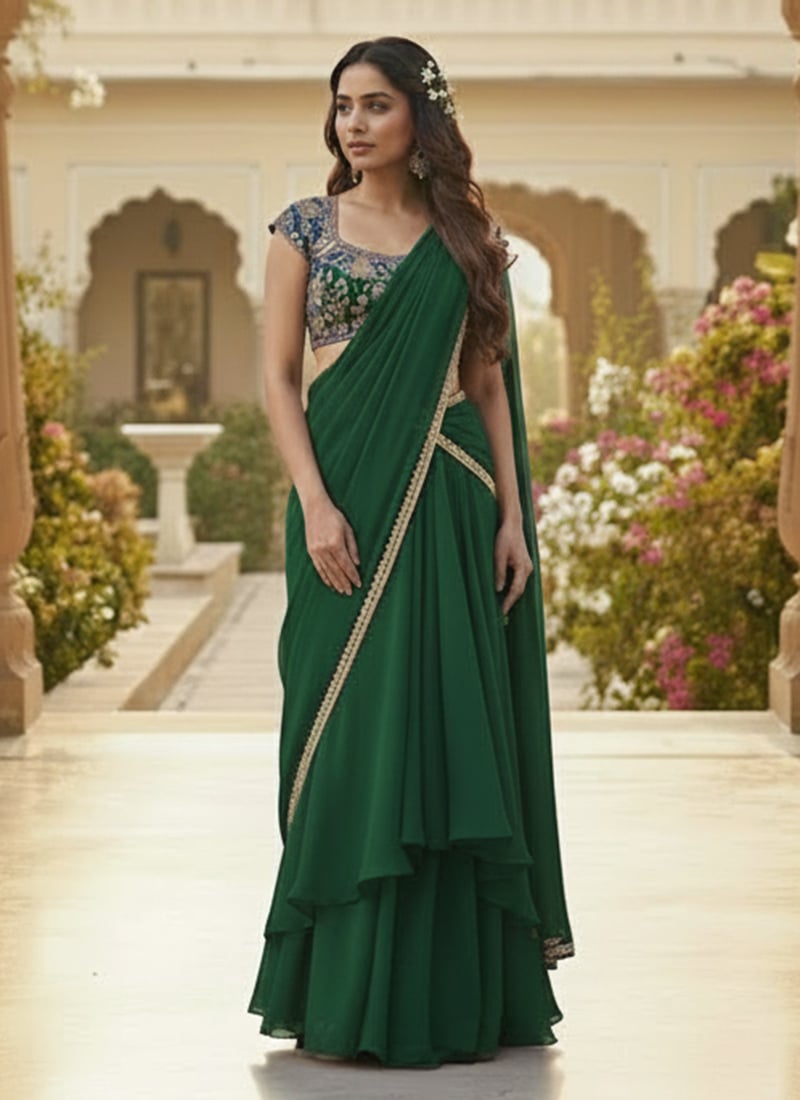 Green Georgette Zari Sequins Lehenga Wedding Wear