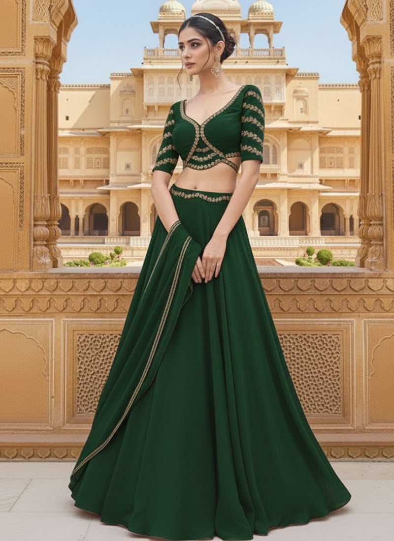 Green Georgette Zari Sequins Lehenga Wedding Wear