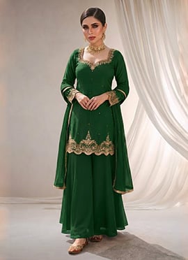 Green Georgette Zari Sequins Palazzo Suit