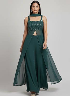 Green Georgette Zari Sequins Palazzo Suit