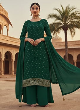 Green Georgette Zari Sequins Palazzo Suit