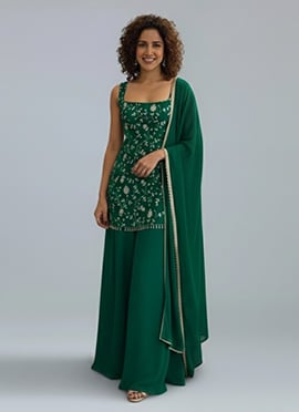 Green Georgette Zari Sequins Palazzo Suit