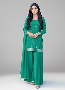 Green Georgette Zari Sequins Palazzo Suit