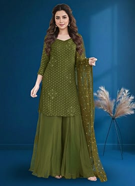 Green Georgette Zari Sequins Palazzo Suit