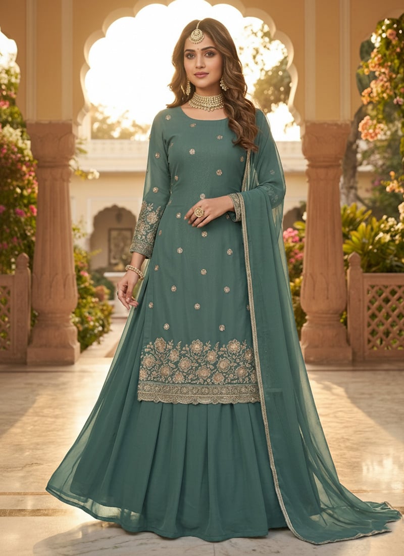 Green Georgette Zari Sequins Palazzo Suit