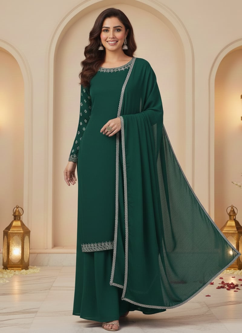 Green Georgette Zari Sequins Palazzo Suit Festive Wear
