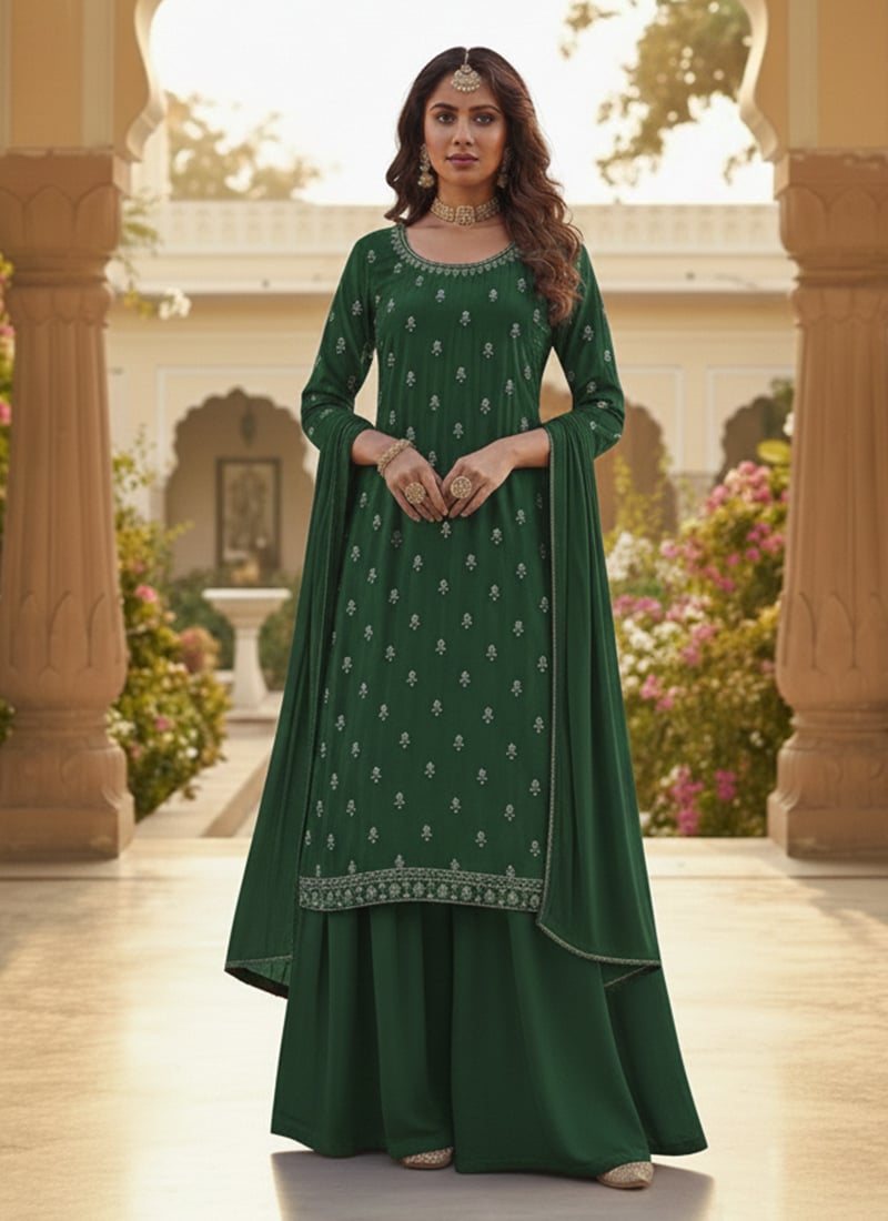 Green Georgette Zari Sequins Palazzo Suit Festive Wear