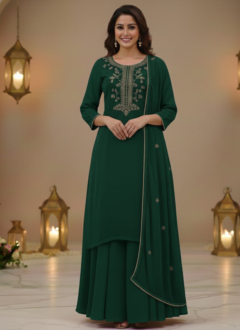 Green Georgette Zari Sequins Palazzo Suit Festive Wear