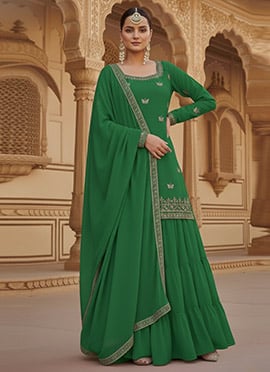 Green Georgette Zari Sequins Palazzo Suit