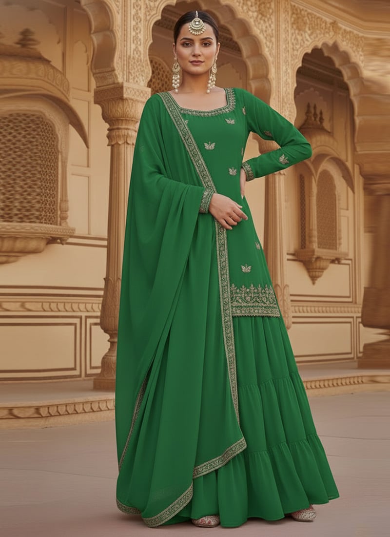 Green Georgette Zari Sequins Palazzo Suit Festive Wear