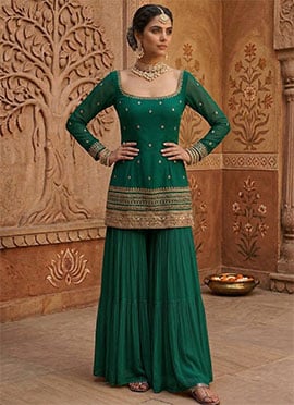 Green Georgette Zari Sequins Sharara Suit