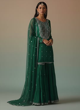 Green Organza Silk Zari Sequins Sharara Suit