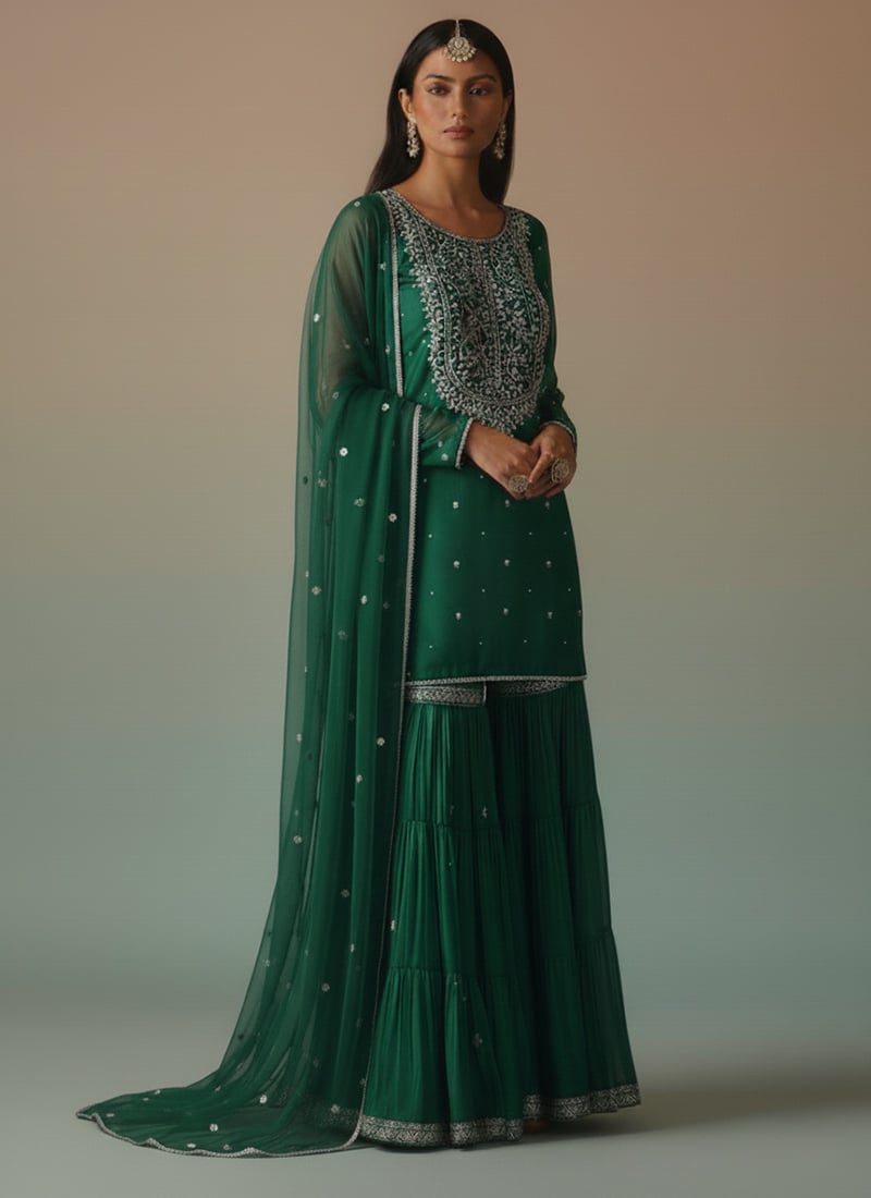 Green Georgette Zari Sequins Sharara Suit Festive Wear