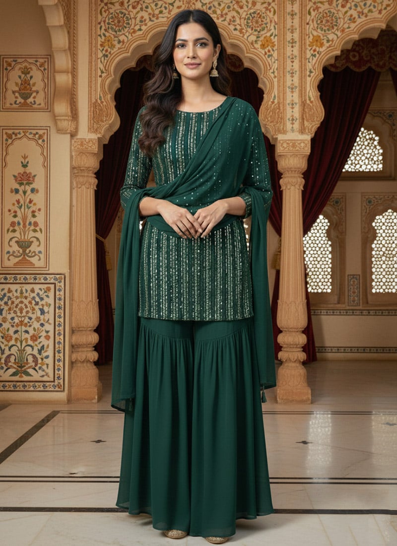 Green Georgette Zari Sequins Sharara Suit Festive Wear