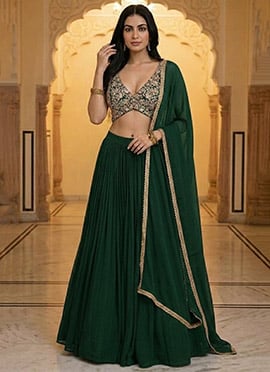 Green Georgette Zari Sequins Stone Hand Embroidered Lehenga