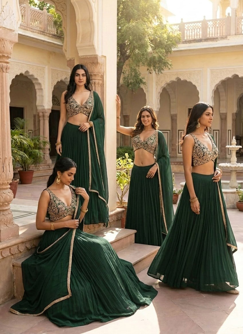 Green Georgette Zari Sequins Stone Hand Embroidered Lehenga Wedding Wear