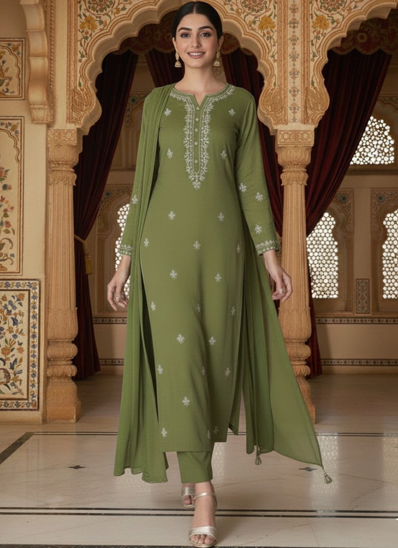 Green Georgette Zari Sequins Straight Pant Suit Festive Wear