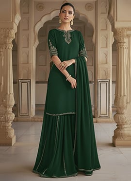 Green Georgette Zari Sequins With Stone Work Palazzo Suit