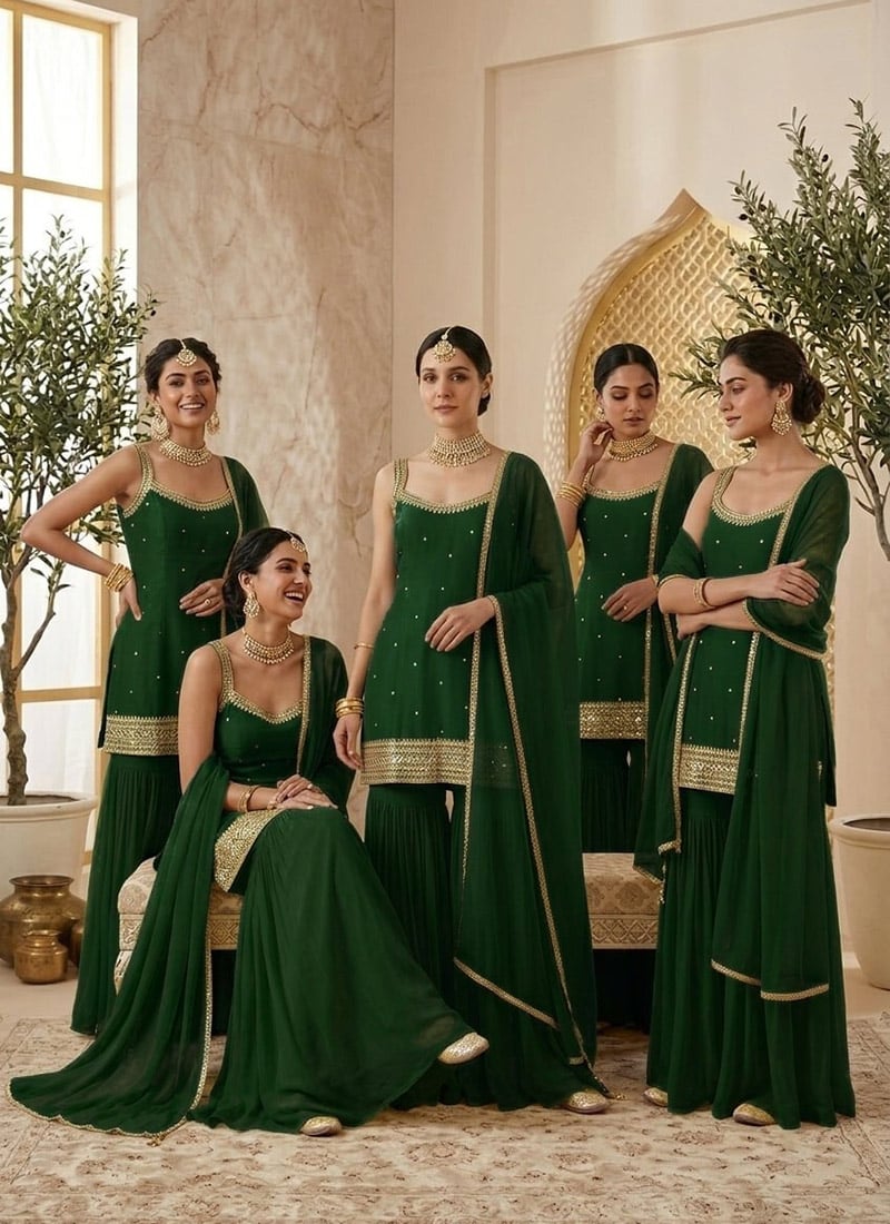 Green Georgette Zari Sharara Suit After Six Wear