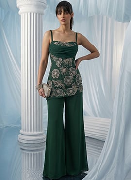 Green Georgette Zari Stones Hand Embroidered Cut Dana Palazzo Suit