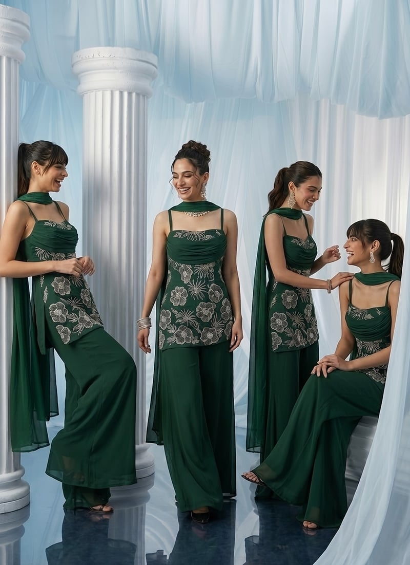 Green Georgette Zari Stones Hand Embroidered Cut Dana Palazzo Suit Wedding Wear