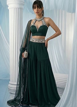 Green Georgette Zari Stones Hand Embroidered Indowestern Palazzo Set