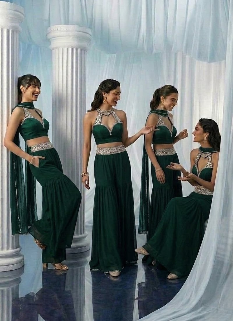 Green Georgette Zari Stones Hand Embroidered Indowestern Palazzo Set Wedding Wear